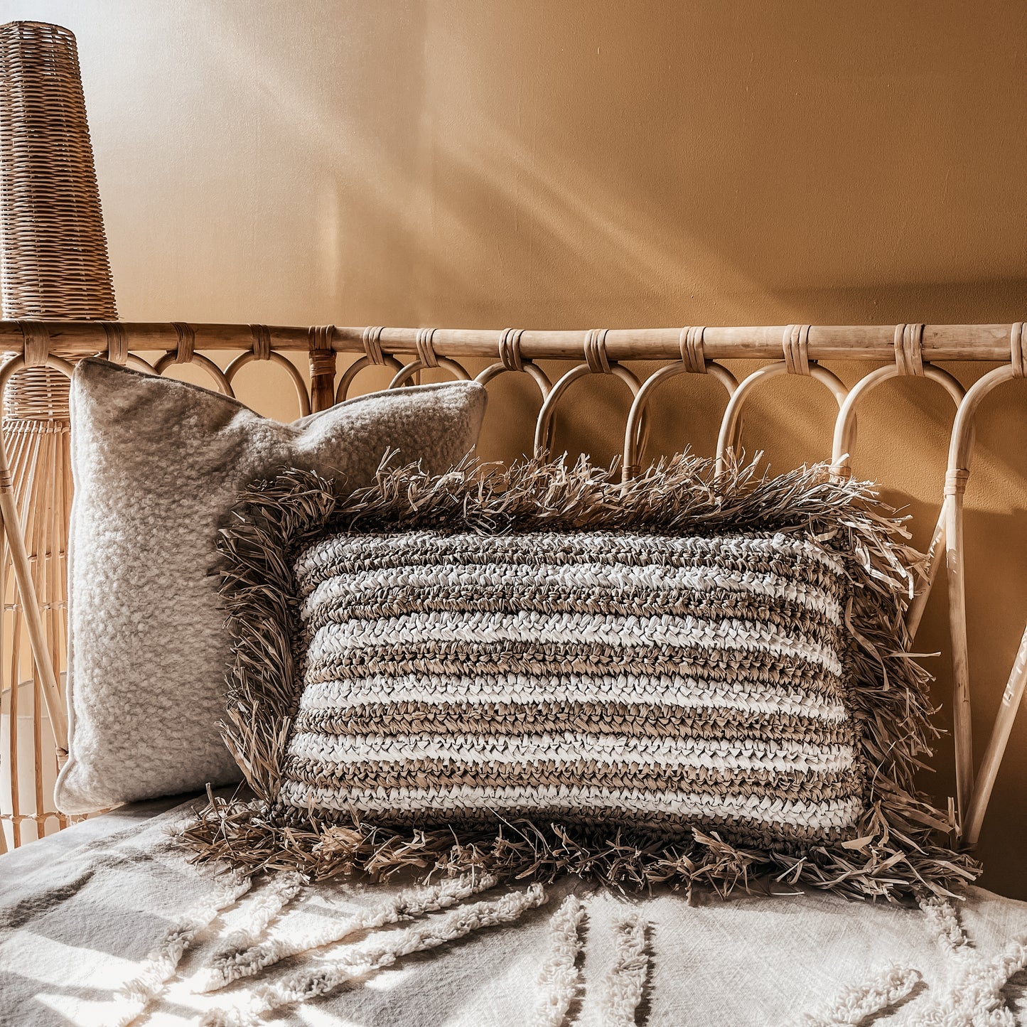 Rectangle Raffia Striped Cushion cover / Natural & White