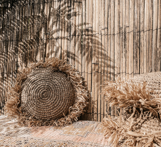 Round Raffia Cushion with Fringe