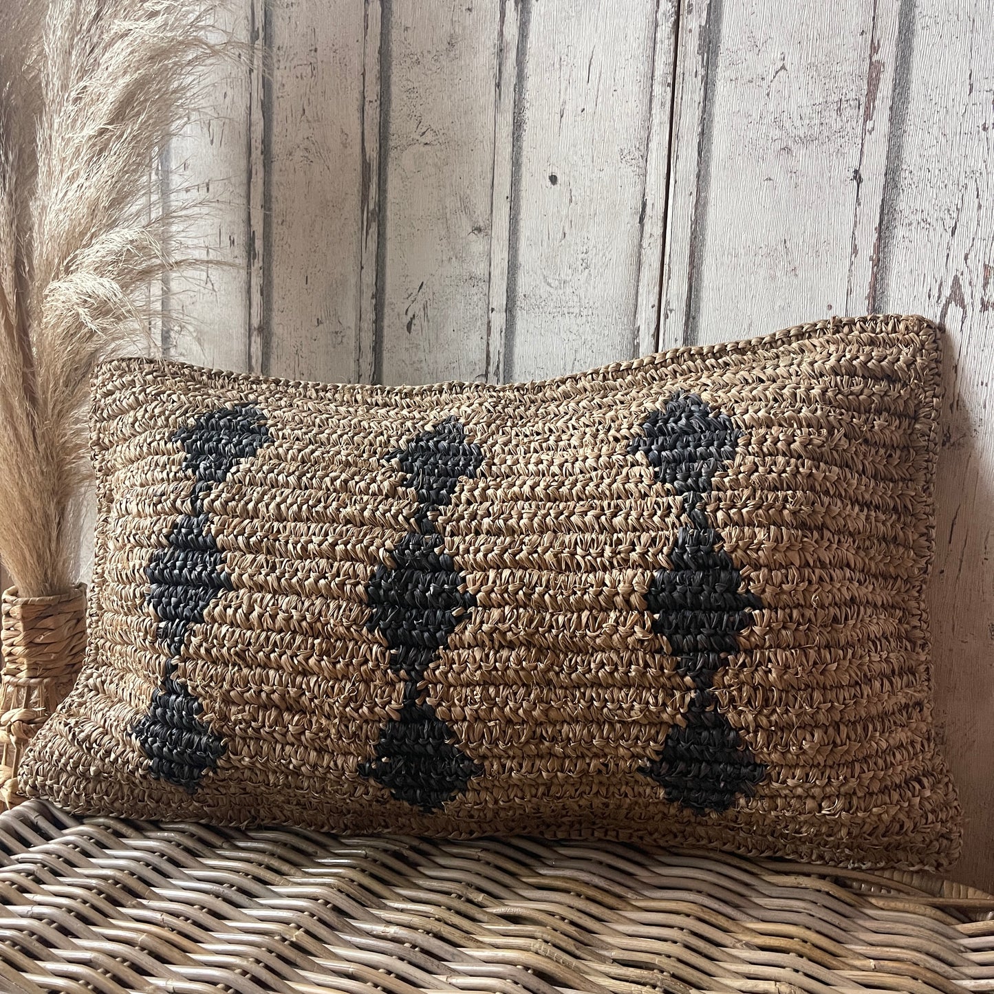 Rectangle Raffia Cushion Cover / Natural & Black