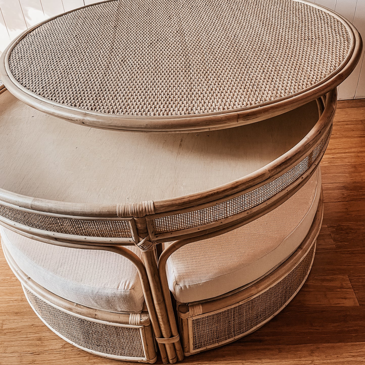 BOHO Round Rattan Table with 4 nesting ottomans / 5pc dining set