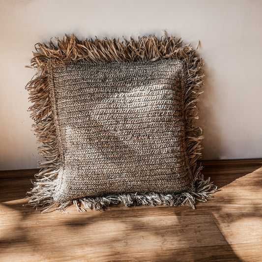 Natural Square Raffia Cushion Cover with fringe 50x50