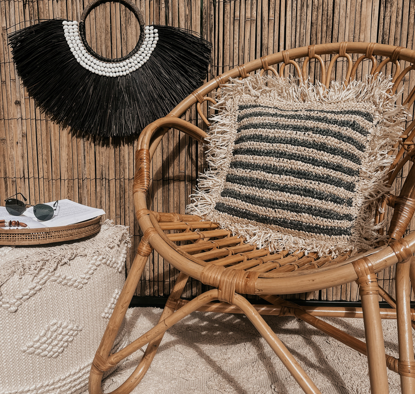 Raffia Striped Cushion Cover / Natural & Black