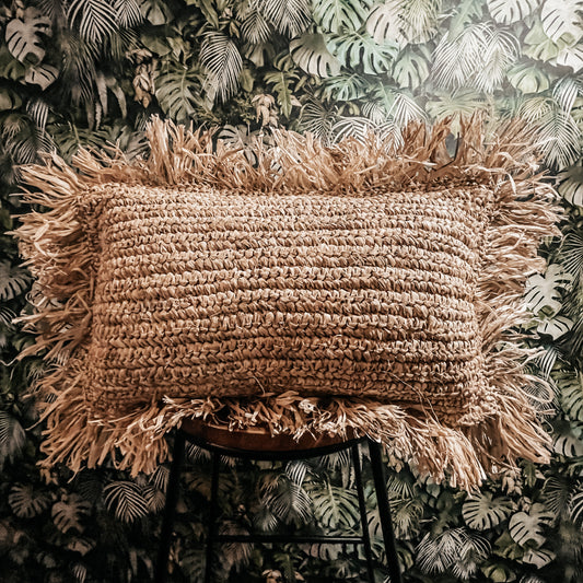 Rectangle Raffia Cushion cover with fringe / Natural