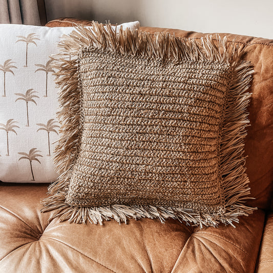 Natural Square Raffia Cushion Cover with fringe 40x40