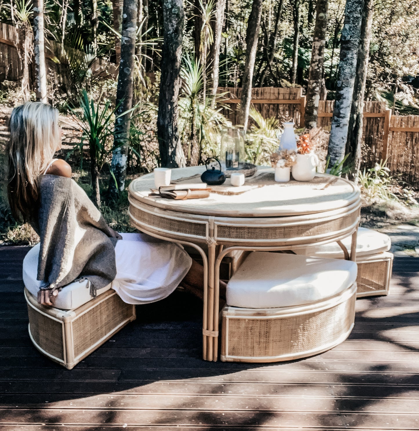 BOHO Round Rattan Table with 4 nesting ottomans ( 5pc boho dining set )